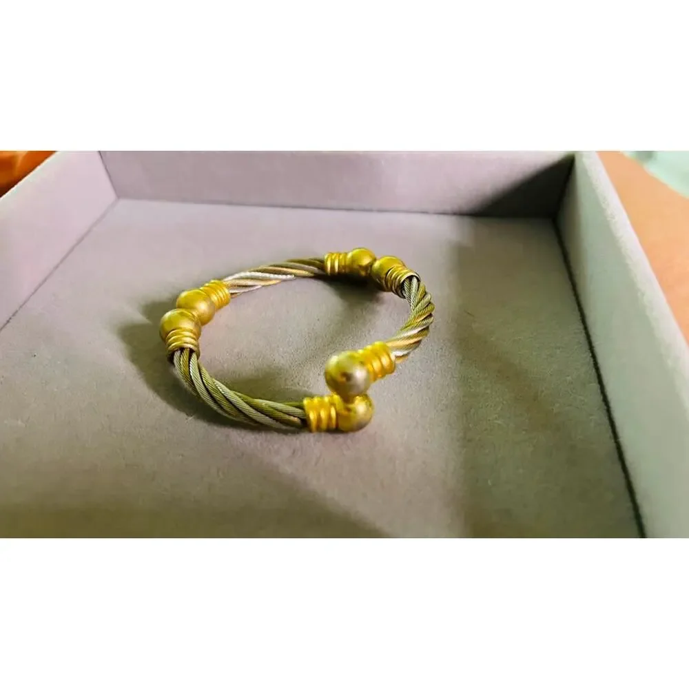 Twisted Cable Bangle Bracelet with Gold-Toned Beads
